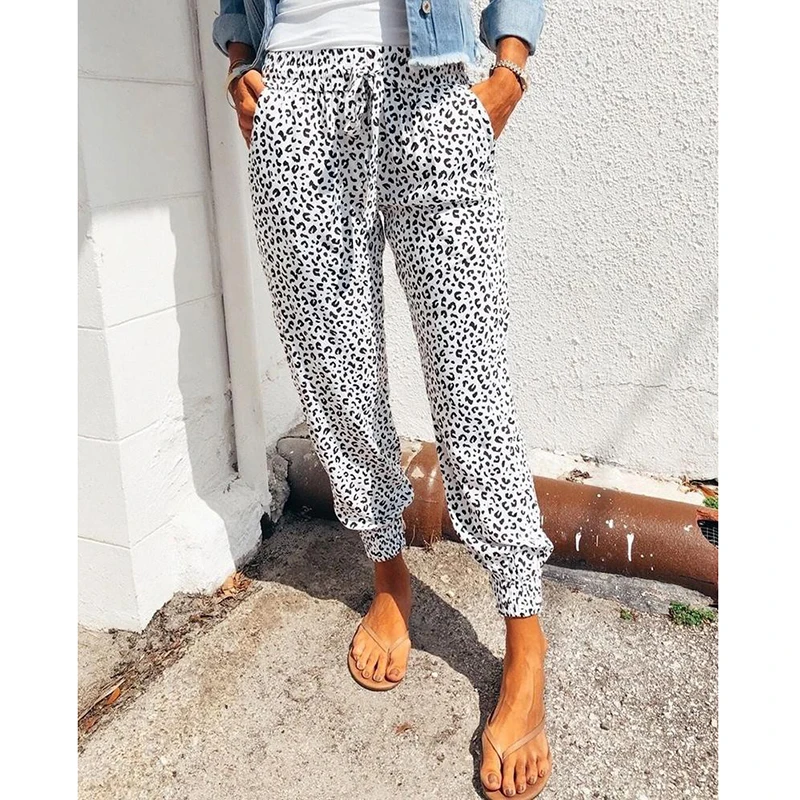 Description Picture 3 of itemWomen Leopard Printed Trousers Loose Lace-up Waist Long Pants with Pockets For Daily Summer Spring Fall Pencil Pant Streetwear