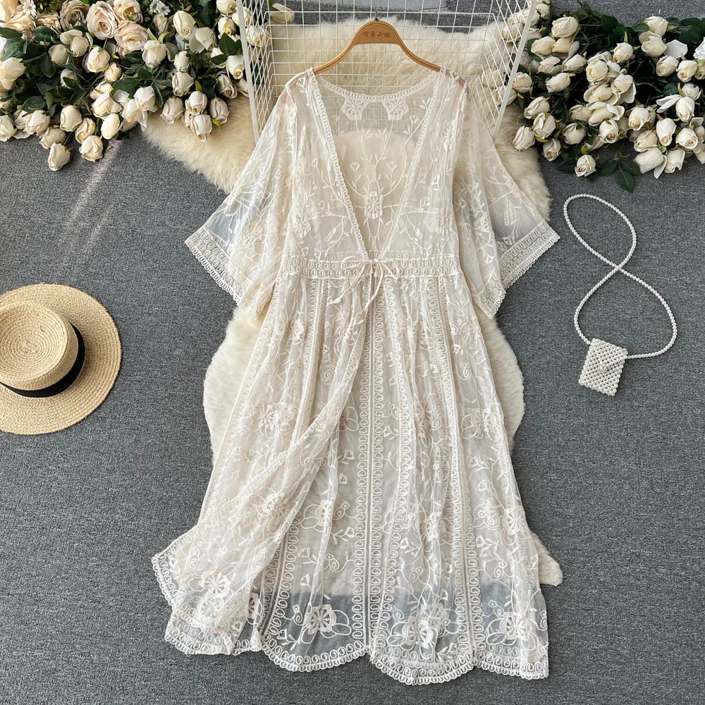 Description Picture 5 of itemSINGREINY Knit Casual Matching Sets Summer Women Mesh Cardigan Halter Backless Camisole Mini Shorts Vacation Beach Style Suits