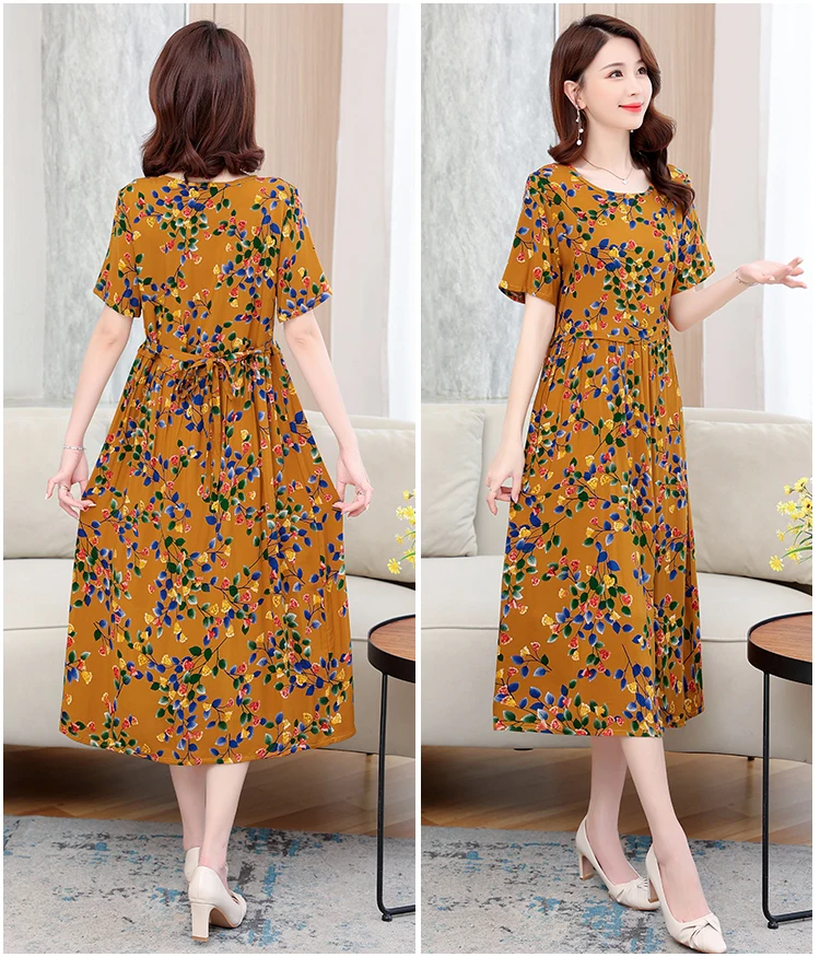 Description Picture 3 of itemNew 2023 Casual Print Fowers Summer Dresses For Women Cotton Vintage Dress O-neck Vestidos Plus Size Short Sleeve Women Clothing