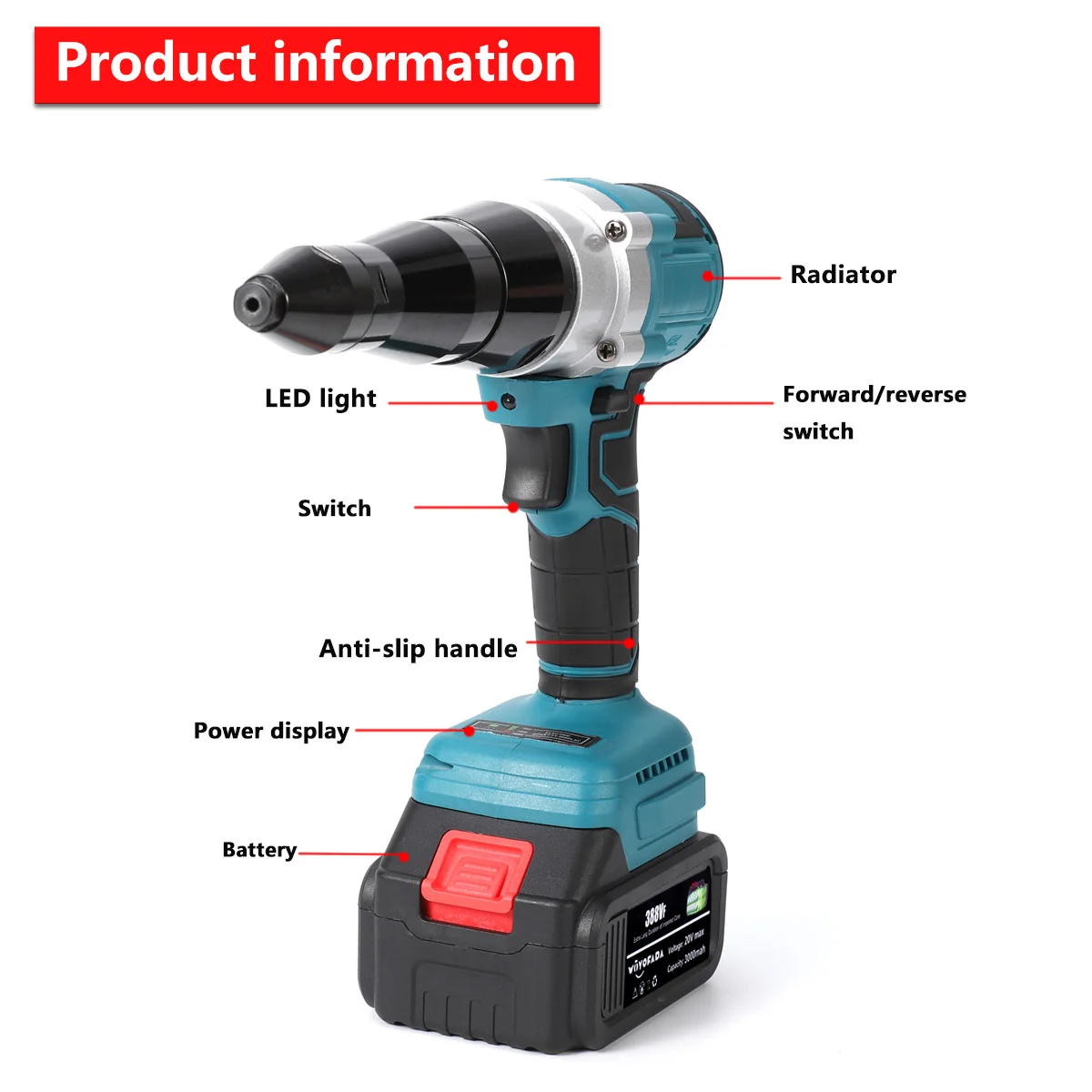Description Picture 4 of itemWOYOFADA Electric Rivet Gun 2.4mm-4.8mm Rivet Nut Gun Cordless Riveting Tool Insert Nut Pull Rivet Tool For Makita 18V Battery