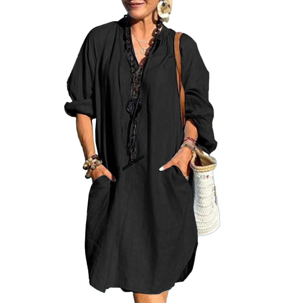 Description Picture 5 of itemFor Women Dress Casual Cotton Linen Female Long Sleeve Non Strech Pocket Vintage Solid Color V Neck Affordable