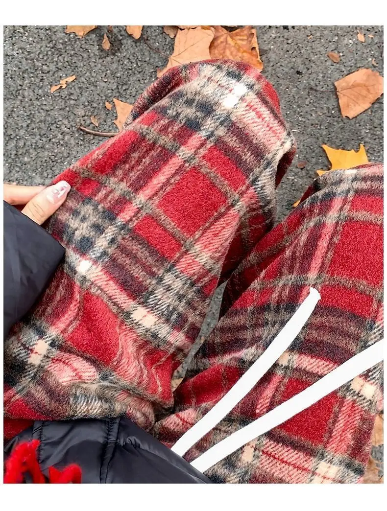 Description Picture 6 of itemHOUZHOU Vintage Plaid Pants Women Wide Leg Harajuku Korean Style Red Checked Trousers Y2k Streetwear Classic Pants Warm Winter