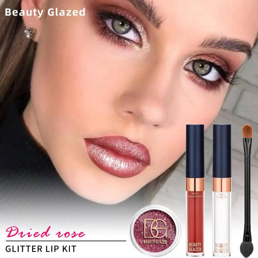 Description Picture 3 of itemGlitter Lips Kit Smudg-Pproof Water-Proof Long-Lasting Sparkle Liquid Lipstick Set With Double End Lip Brush Lip Glitter Primer