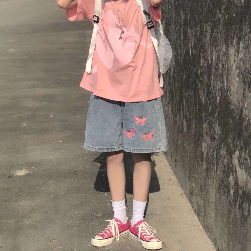 Description Picture 2 of itemButterfly Embroidery Jeans Shorts Y2k Streetwear Wide Leg Pants Women Korean Fashion Vintage Kawaii Casual Loose Trousers