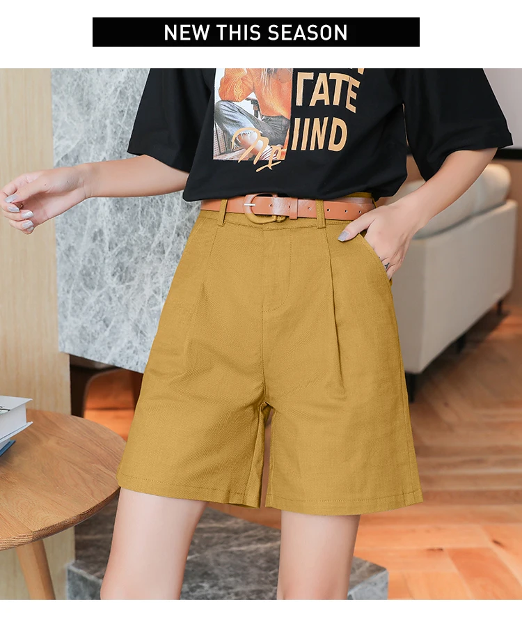 Description Picture 3 of item2023 Summer Korean Simple Harajuku Fashion Wide Leg Shorts Loose High Waist Lady Short Pants With Belt Casual Solid Color Womens