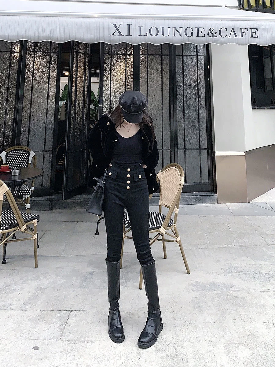 Description Picture 5 of itemHigh Waist Leggings Pants Women Casual Button Fly Design Pencil Pantalones Korean Streetwear Skinny Trousers Stretch Spodnie New