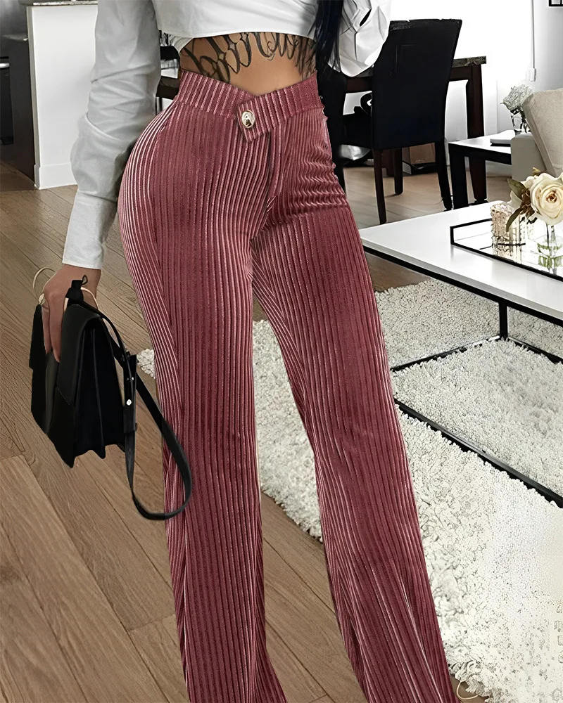Description Picture 4 of itemCM.YAYA Women Streetwear Corduroy Zipper Fly V-low Waist Straight Wide Leg Trousers 2023 Autumn Winter Fashion Pants