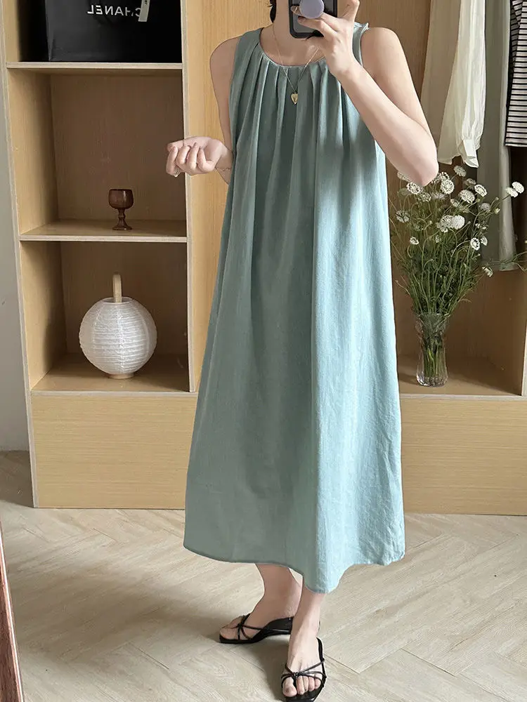 Summer New Holiday Style Hollow Out Sleeveless Hanging Neck Dress Solid Loose Backless Dresses Elegant Fashion Women Clothing