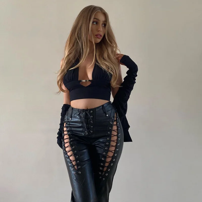 Description Picture 6 of itemwoman pants High Waist Pants Hollow Out Bandage Sexy Autumn Trend Leather Club Slim Streetwear Weird Puss Faux PU Y2K Trousers