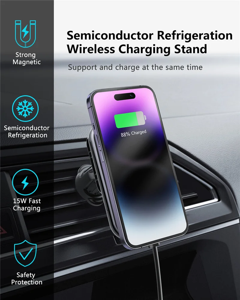 Magnetic Car Wireless Charger Car Phone Holer Mount Ice Cold 15W Fast Charging Station for Macsafe iPhone 14 13 12 Pro Max Mini