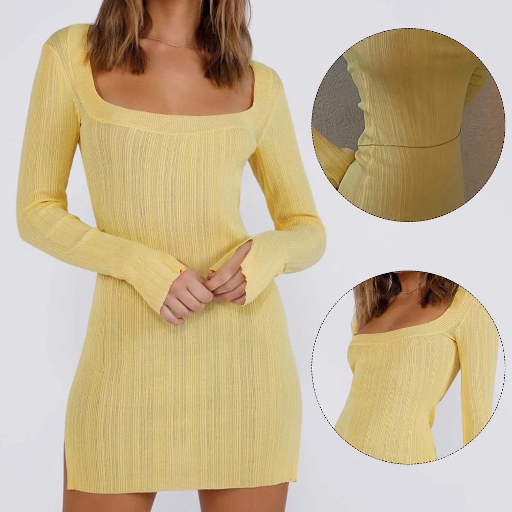 Description Picture 3 of itemWomen Solid Dress Long-sleeved Dress Commuting Wind Female Clothing Long Sleeve Slightly Elastic Slim A-line Dress