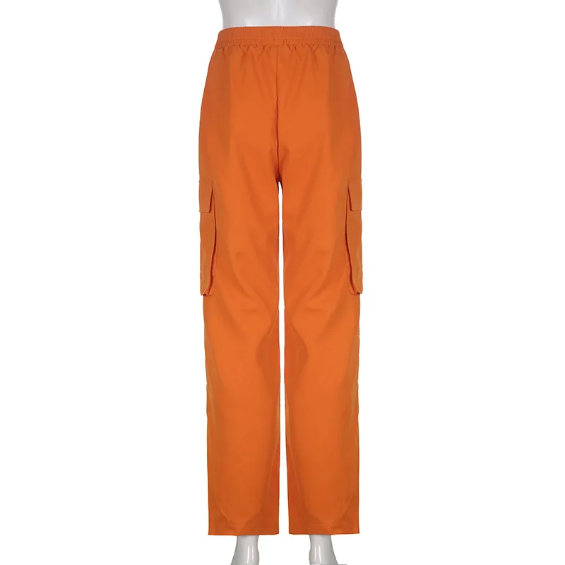 Puloru Orange Baggy Cargo Pants Women Casual High Elasitc Waist Straight-Leg Trousers with Side Pockets Streetwear Sweatpants