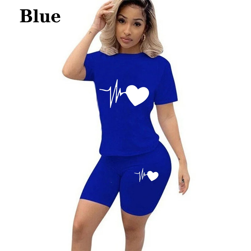 Summer New Women Fashion Solid Color Print 2 Piece Sets Casual Sports Suit Short Sleeve T-shirt + Shorts S-3XL