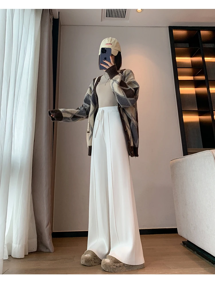 Description Picture 5 of itemJielur Knitting Loose Straight Winter Women Pants Lace-up Simple High Waist Chic Thick Basic Female Wide Leg Pants Streetwear