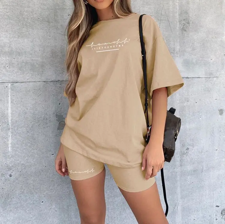 Description Picture 5 of itemWomen's Leisure Sports 2-Piece Set Summer Loose Short Sleeve Letter Printed T-Shirt + Tight Capris Shorts Sports Set Outfits