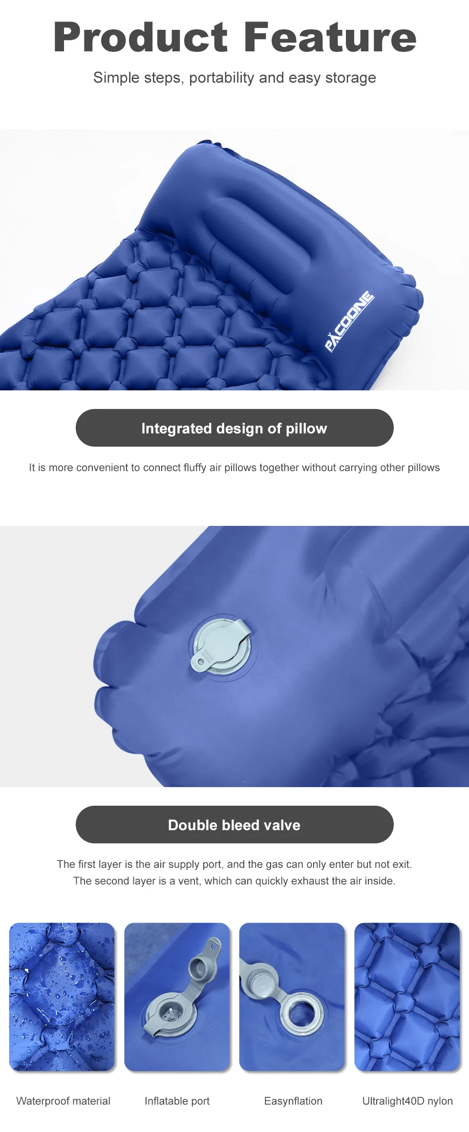 Description Picture 6 of itemPACOONE Outdoor Camping Sleeping Pad Folding Sleep Mat Beach  Inflat Mattress with Pillows Ultralight Air Mat Travel Hiking New