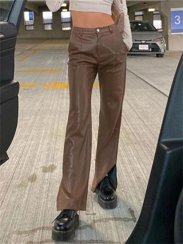 Description Picture 3 of itemSyiwidii Leather Flare Pants Women Fall Winter 2022 High Waisted Vintage Streetwear Black Brown Wide Leg Pants Fashion Trousers