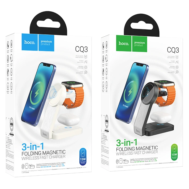 HOCO 3 in 1 Qi Foldable Magnetic Wireless Fast Charger Dock Station For iPhone 12 13 14Charger Holder For Watch 1-8 SE/SE2 Ultra