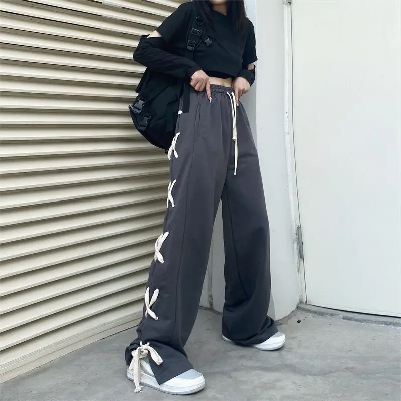 Description Picture 4 of itemY2k Vintage Women Grey Pants Korean New Fashion Streetwear Elastic Waist Loose Casual Harajuku Sports Straight Wide Leg Trousers