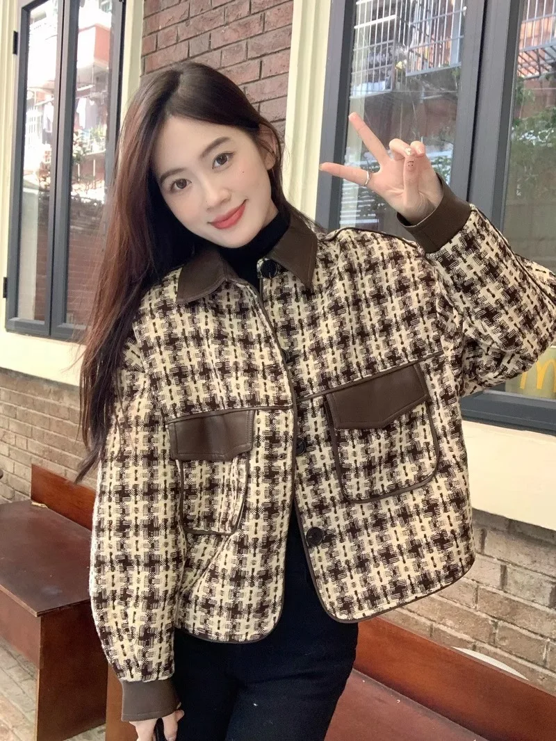 Description Picture 5 of itemAutumn Winter Women's Jacket Small Fragrance Coat Plaid Lapel Retro Sense of Design Short Loose Tops Korean Reviews Many Clothes