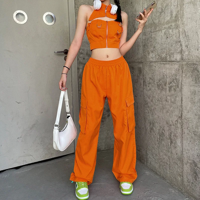 Puloru Orange Baggy Cargo Pants Women Casual High Elasitc Waist Straight-Leg Trousers with Side Pockets Streetwear Sweatpants