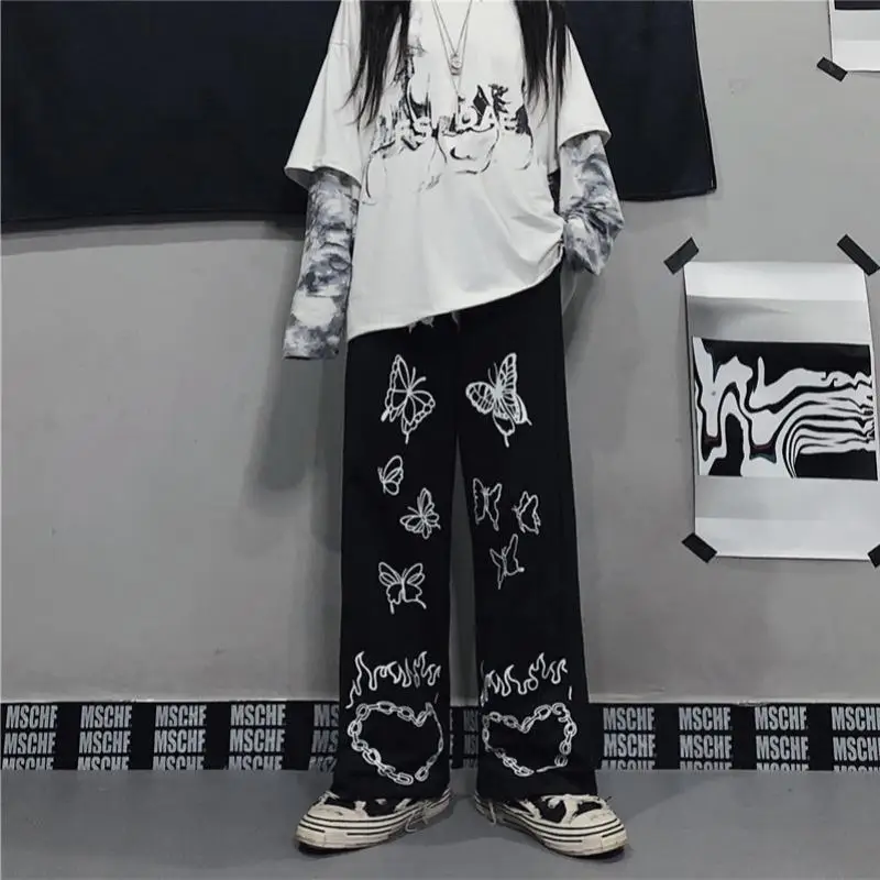 Women's Pants Harajuku Butterfly Print Loose Wide Leg Pants Streetwear Hip-hop Pants for Women Vintage Dark Pant Trousers Women