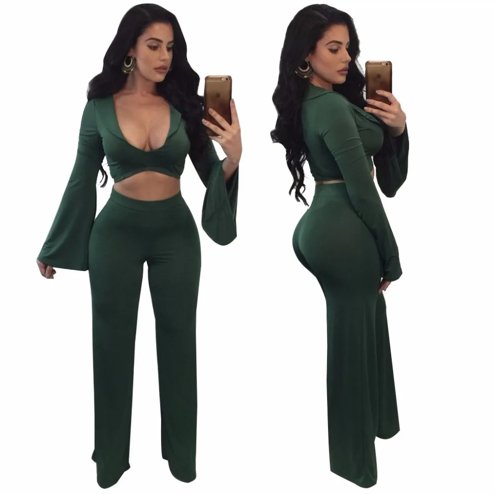 2019 Spring two piece set Women tracksuit Plus size Sexy Solid color Crop Top Tight cropped tops Long Pant