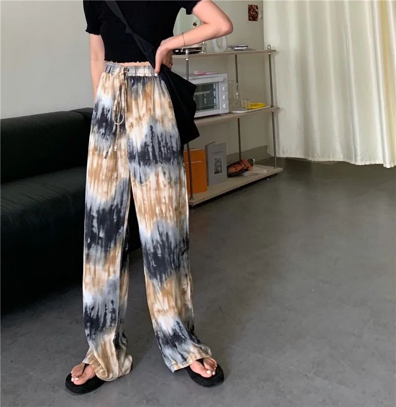 Description Picture 5 of itemCasual Yellow Tie Dye Printed Vintage Pants Women Elegant High Waist Trousers Ladies Straight Wid LegJoggers Y2K Streetwear 2021