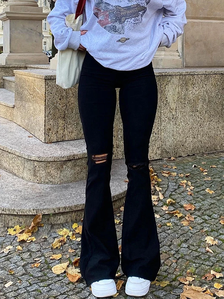 Description Picture 4 of itemWomen Flared Jeans Pants Girl High Waist Hole Trumpet Denim Trousers Slim Y2k Clothing Casual Wide Leg Long Pants Streetwear New