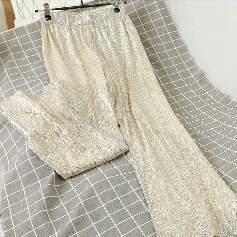 Description Picture 3 of itemSidaimi Silver Full Sequined 2022 Women Wide Leg Pant Elastic Waist Bling Luxury Chic Capris Casual Gold Long Pant Female Club