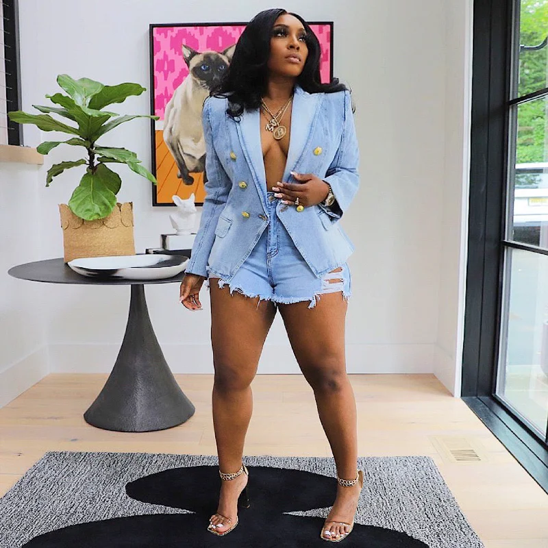 2023 Autumn Slim Short Denim Jackets Women Fashion Buttons Notched Long Sleeve Open Stitch Denim Blazer Coats Female Streetwear