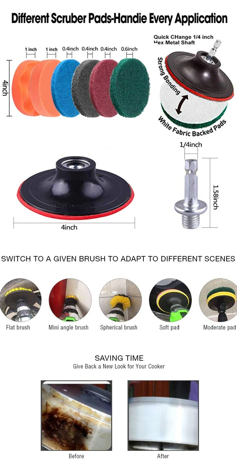 UNTIOR Electric Drill Brush Attachment Set Power Scrubber Brush Car Polisher Kitchen Bathroom Cleaning Kit Toilet Cleaning Tools