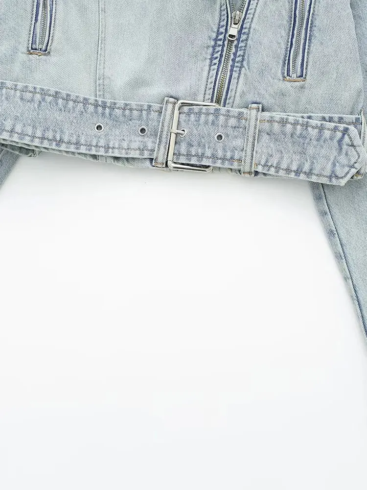 Description Picture 6 of itemNlzgmsj TRAF Women's Fashion 2023 Denim Biker Jacket Women Vintage Lapel Long Sleeve Zipper Belt Female Chic Coat