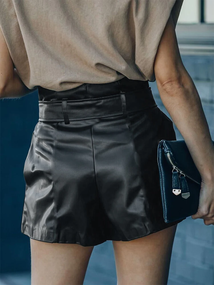 Description Picture 6 of itemFashion Short Woman Summer 2023 Lace Up Women's High Waist Pantalona Pants PU Leather Shorts Biker Elegant Casual Solid Color