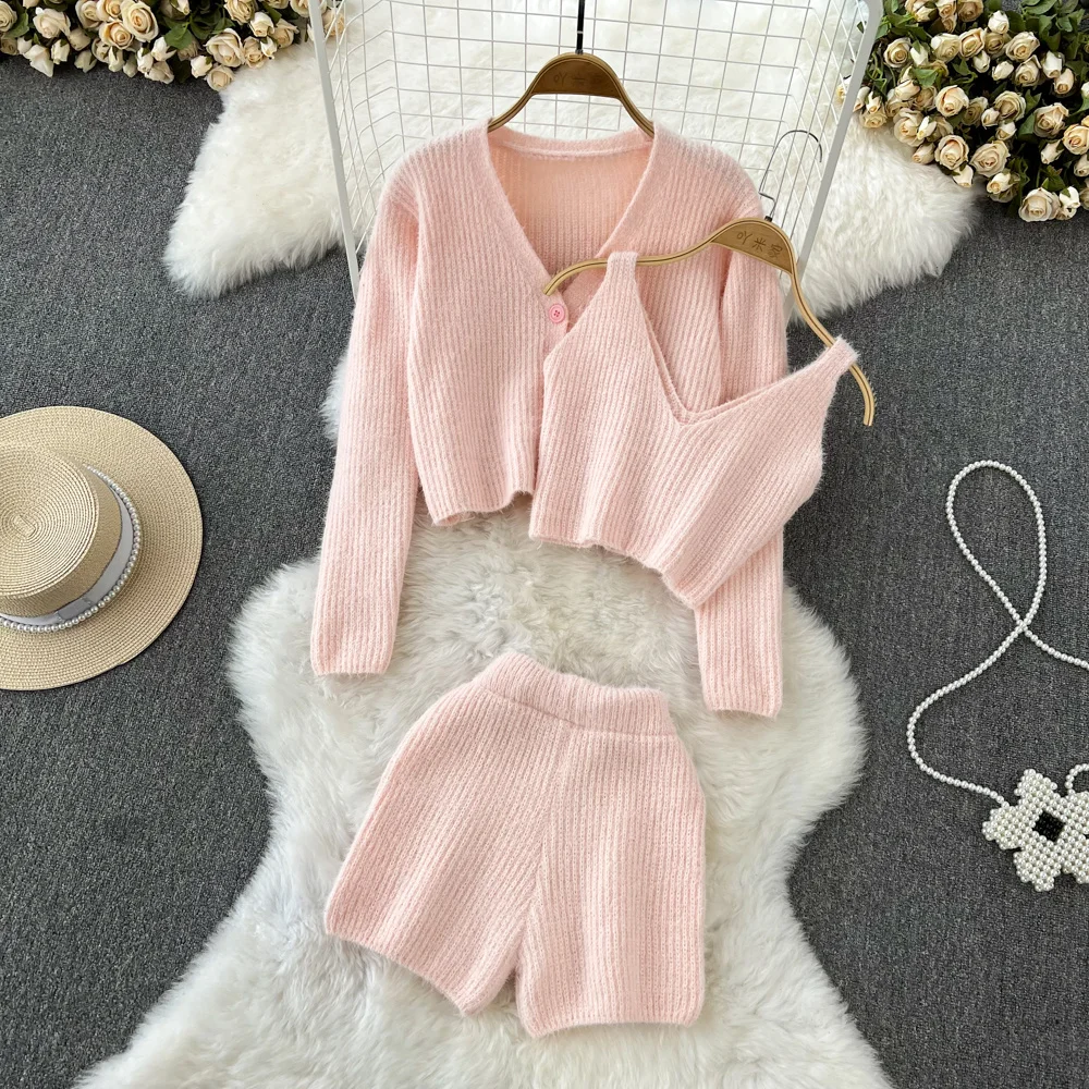 Description Picture 2 of itemKorean Sweet Knitted Cardigan + Camisole + Short Sets Girls Short Sweater Coat + Vest + Pant Suits Women Three Piece Outfits