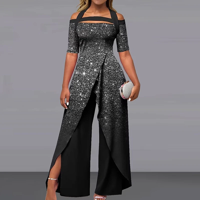 Description Picture 6 of itemFashion Sexy Off-shoulder Printed Wide-leg Pants Jumpsuit Streetwear Casual Mid Waist Hollow Out Summer Elegant Straight Rompers