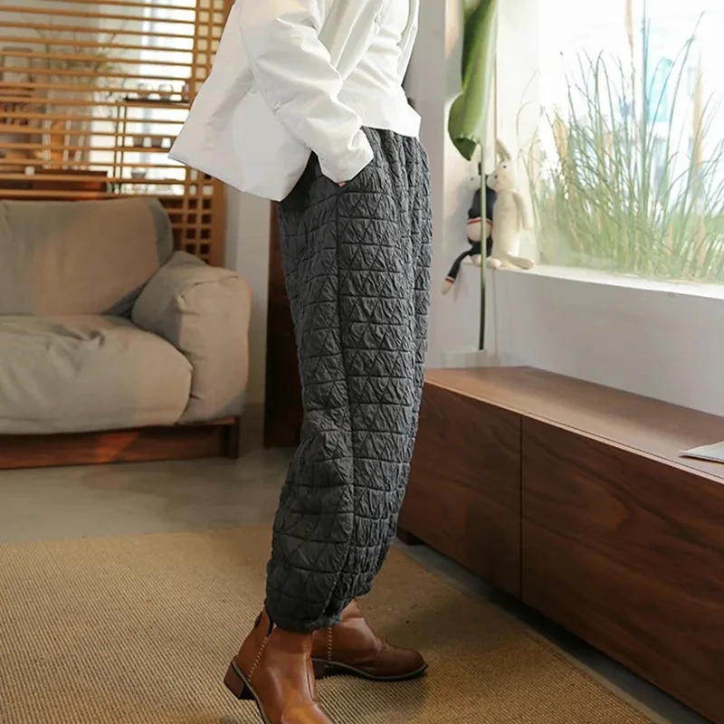 Plus Size L-4xl Winter Thicken Warm Quilted Cotton Bloomers Pant Women Korean Baggy Harem Pant Plaid Elasticity Streetwear Pants