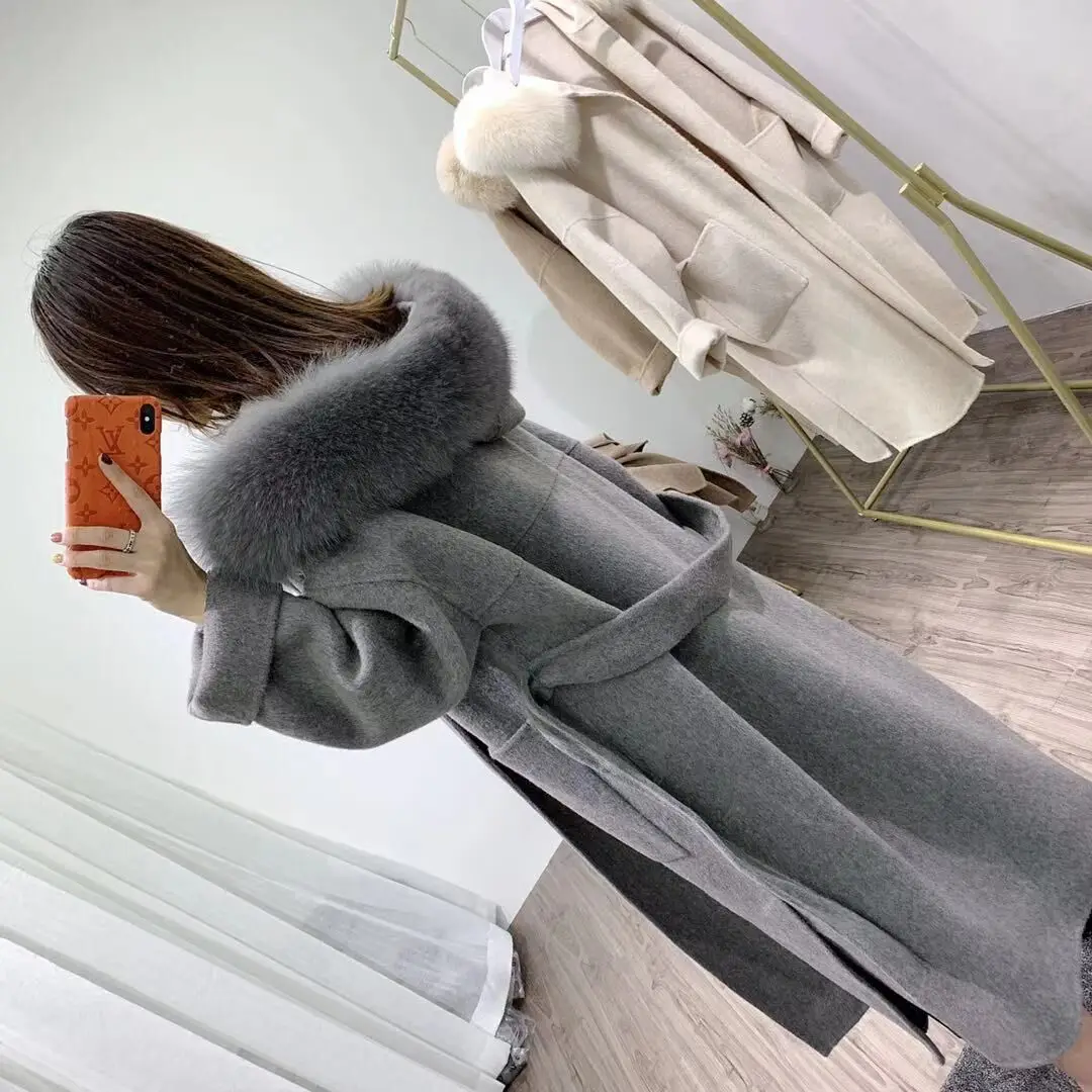 Description Picture 3 of item2023 Winter Women Natural Fox Fur Collar Hood Jacket Real Fur Coat Cashmere Wool Blends x-Long Outerwear Streetwear Korea