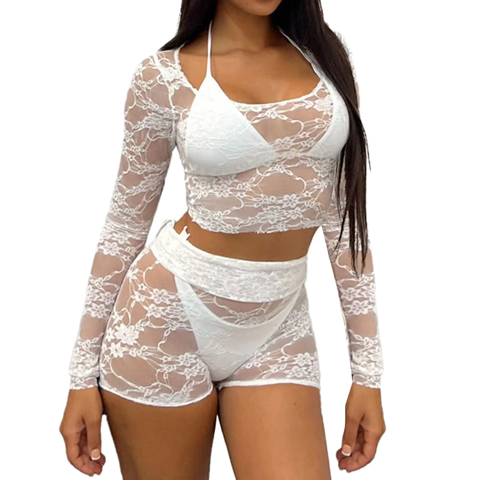 Description Picture 6 of itemWomen Sexy Shirt Tops Pants Crew Neck Long Sleeve Top Short Pants See Through Hollow Out 2 Piece Tunic Pants Set Vacation Outfit