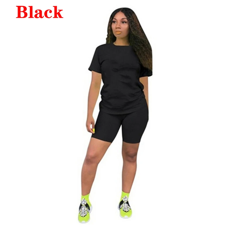 Description Picture 4 of itemNew 6 Colors Summer Women Solid Sporting Casual Two Piece Set Short Sleeve Tee Top Biker Shorts
