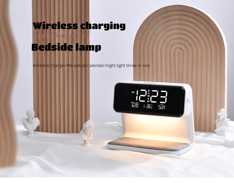 Creative 3-in-1 Bedside Lamp Wireless Charging LCD Alarm Clock Wireless Phone Charger for Iphone