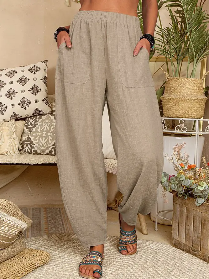 Description Picture 4 of item2022 Women's New Solid Color Loose Cotton Linen Casual Pants Home Harem Trousers Pocket Stitching Trousers Streetwear Women