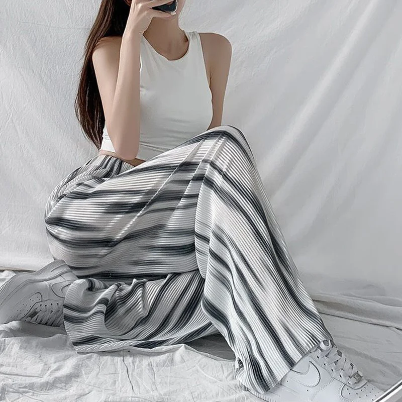 Korean Streetwear Harajuku Tie Dye Thin Ice Silk Straight Wide Leg Pants Women's Summer Casual Loose High Waist Pleated Trousers