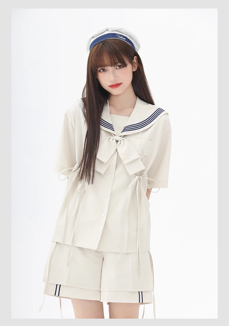 Description Picture 3 of itemADAgirl Japan Kawaii Navy Sailor Collar Shirt Women Lolita Style Blouse with Bow Half Short Leeve Button Up Tops Summer Clothes