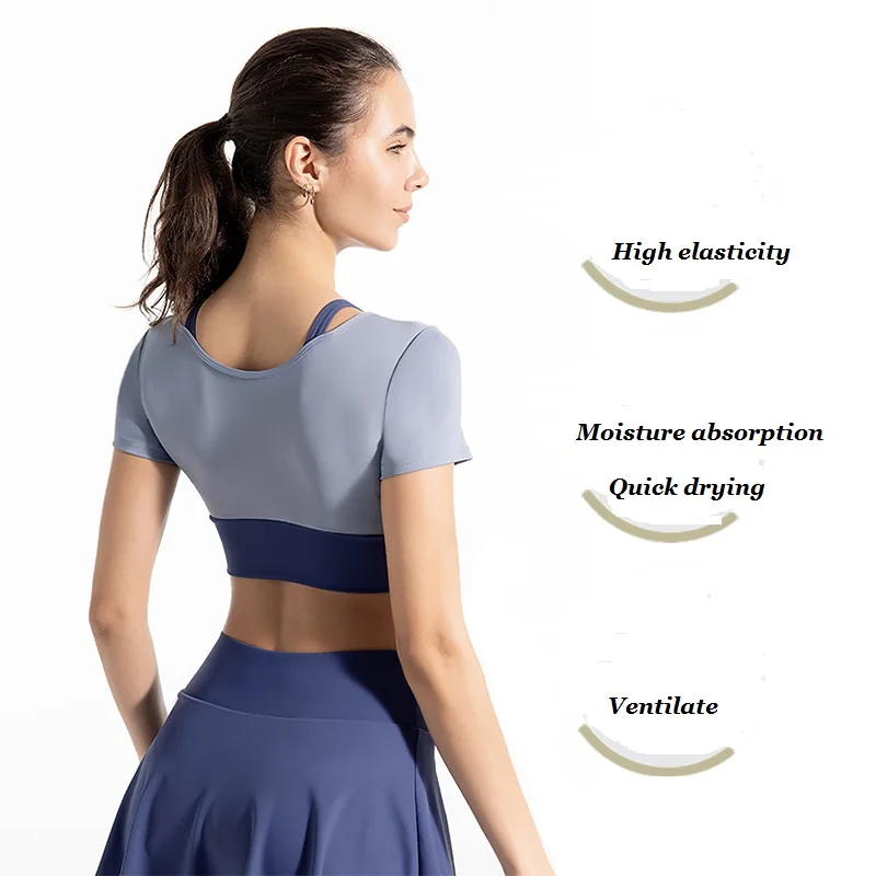 Description Picture 4 of itemColored High Elasticity Belt Chest Cushion Yoga Fake Two Piece Short Sleeve T-shirt Nude Anti Light Sports Short Skirt Set