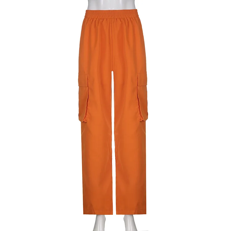 Puloru Orange Baggy Cargo Pants Women Casual High Elasitc Waist Straight-Leg Trousers with Side Pockets Streetwear Sweatpants