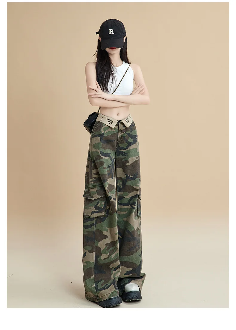 HOUZHOU Y2K Camo Cargo Pants Women Low Waist Pockets Camouflage Cargo Trousers Female Clothing Fashion Streetwear Hip Hop