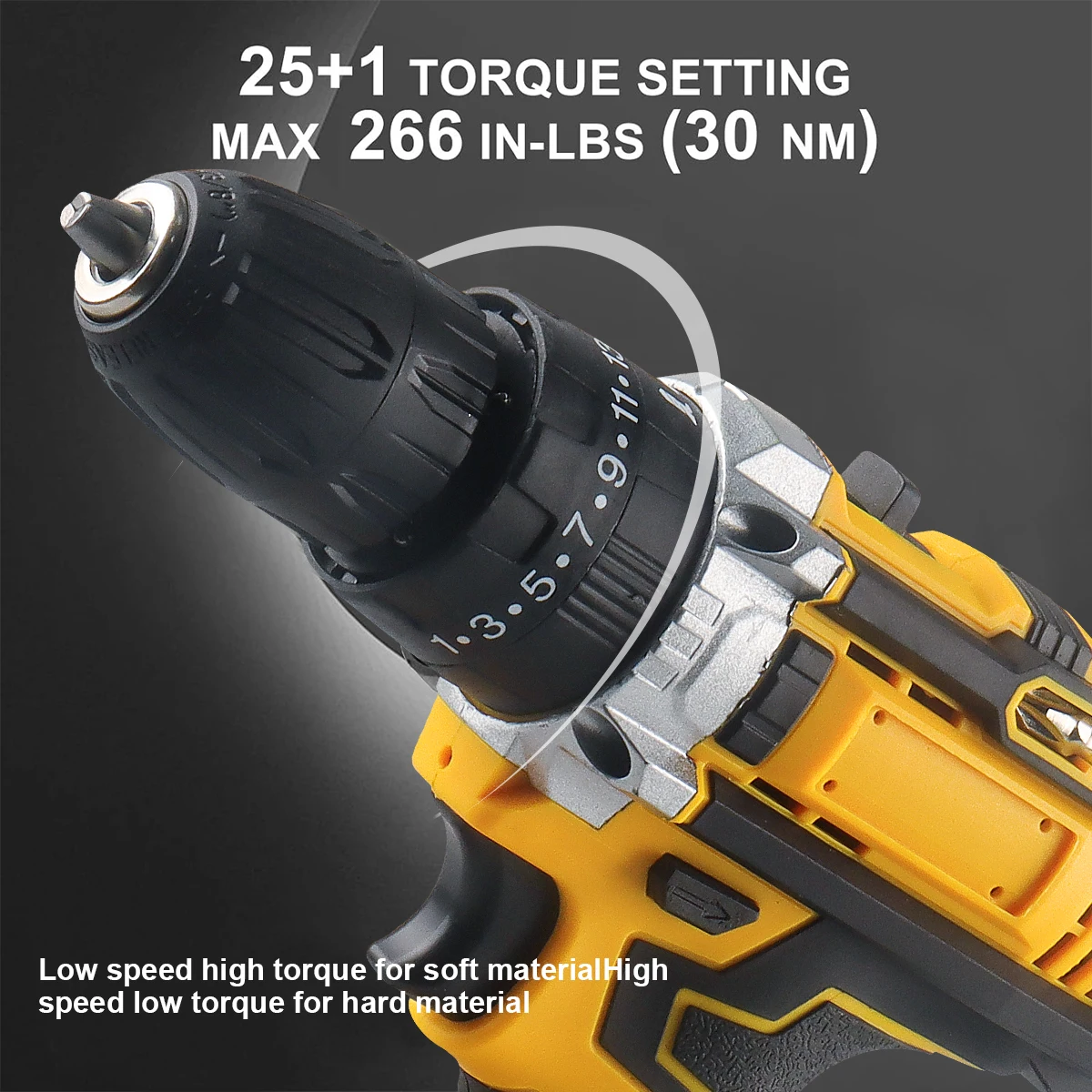 Description Picture 5 of itemDrill Driver 21V,1.3AH Battery, Hammer Drill with 28 N.m Max, 25+3 Position, 2 Variable Speed, 3/8'' Keyless Chuck, Fast Charger