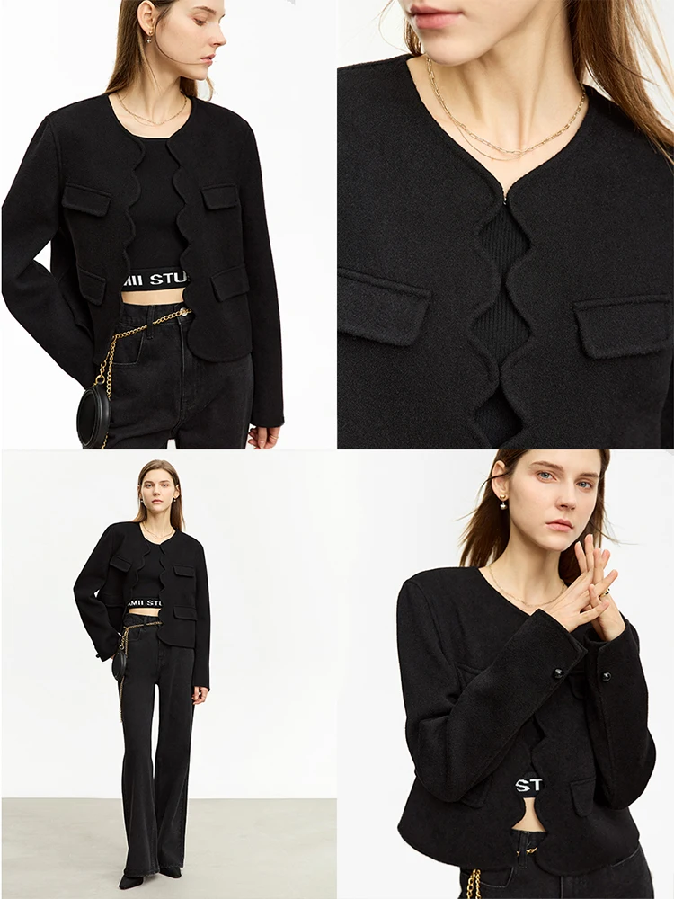 AMII Women's Double-sided Woolen Short Coat 2023 Winter Office Lady Crop Jackets Round Neck  Wool Wave Open Stitch Tops 12344118
