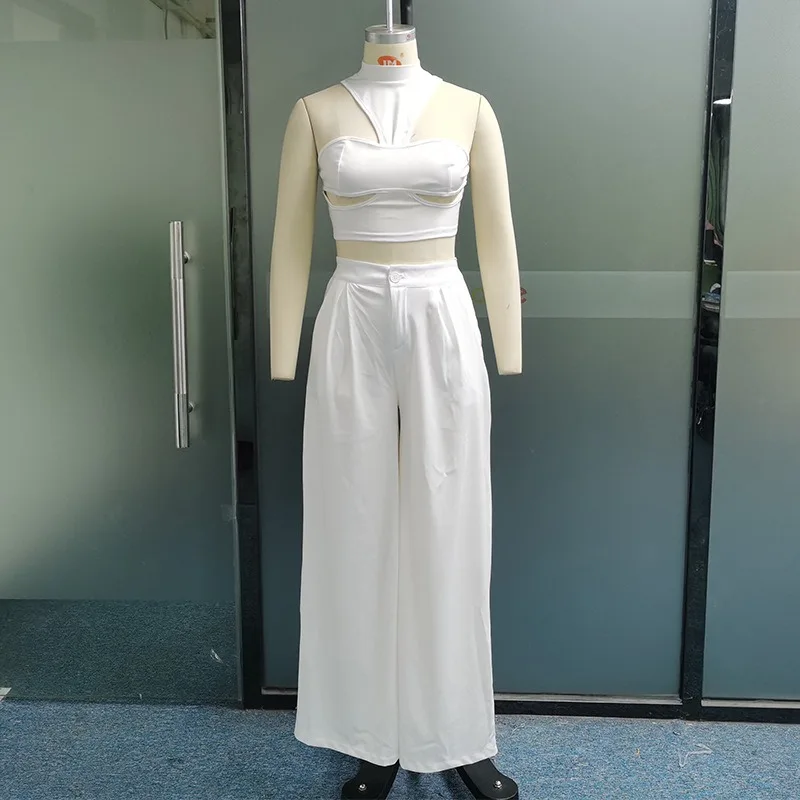Description Picture 6 of itemTwo Piece Set Women Fashion Sleeveless Halter Top High Waist Loose Wide Legs Pants Casual Streetwear Summer Autumn Pants Set